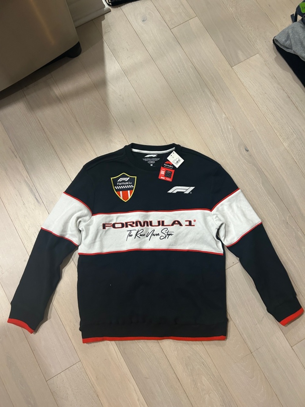 Formula 1 Men’s Blue and White Crewneck Sweater with Red Trim